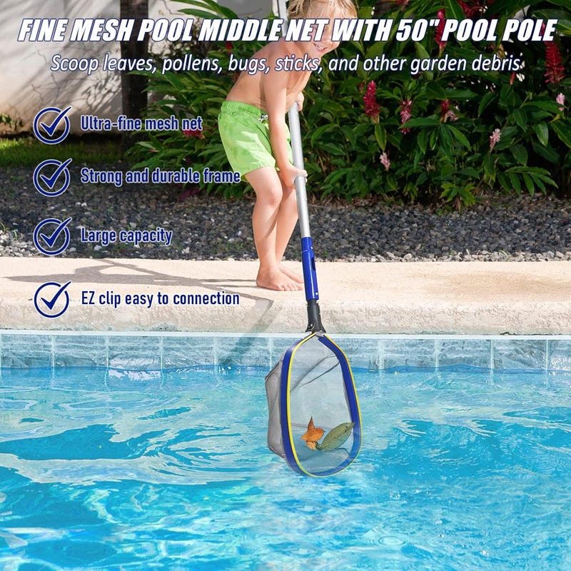 Poolvio Swimming Pool Cleaning Kit, 14'' Brush Head & 50'' Telescopic Aluminum Pole with Fine Mesh Skimmer Net - Perfect for Above Ground Pools, Spas, Hot Tub Fountains Blue (PK0140) - Image 5